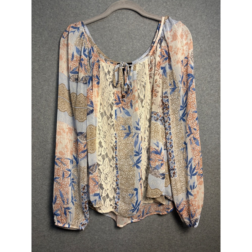A.‎ Byer Boho Patchwork Lace Peasant Blouse Cottagecore Balloon Sleeve Top